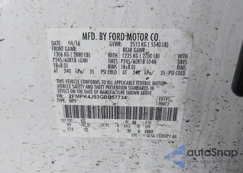 2016 Ford Edge Sel z USA, uszkodzony, nr VIN 2FMPK4J93GBB57734